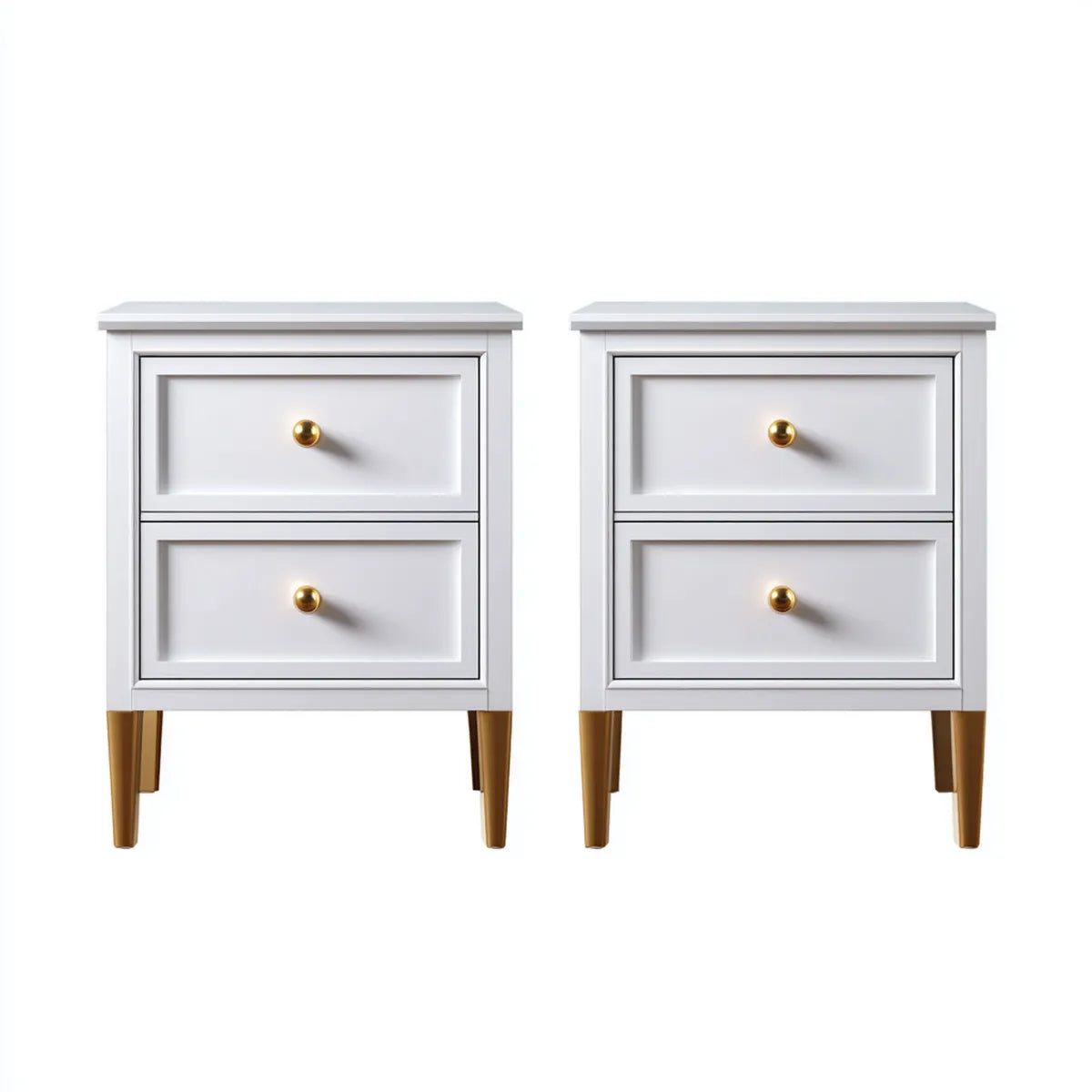 Lot de 2 tables de chevet rectangulaires blanches 40 x 30 x 60 cm en MDF avec 2 tiroirs et pieds en acier doré