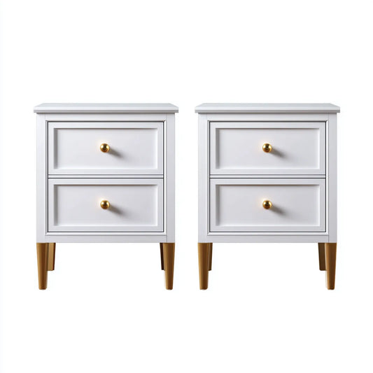 Lot de 2 tables de chevet rectangulaires blanches 40 x 30 x 60 cm en MDF avec 2 tiroirs et pieds en acier doré