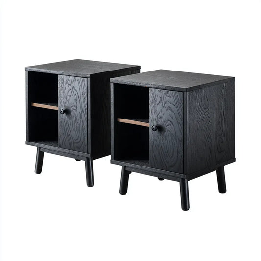 Lot de 2 tables de chevet noires avec porte et étagère 40 x 35 x 60 cm en panneaux MDF rectangulaires
