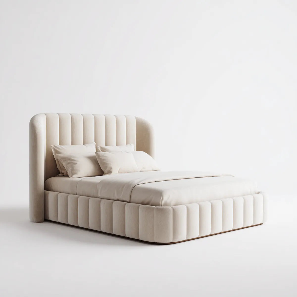 Lit double capitonné crème 160 x 200 cm en velours de polyester forme arrondie