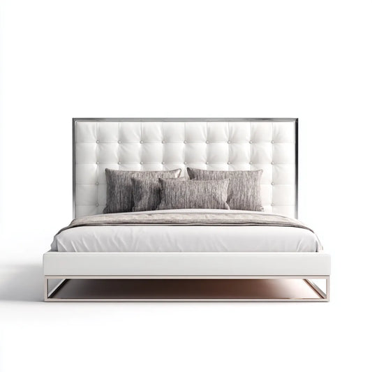 Lit double 160 x 200 cm blanc avec tête de lit capitonnée en PU et cadre en acier inoxydable rectangulaire