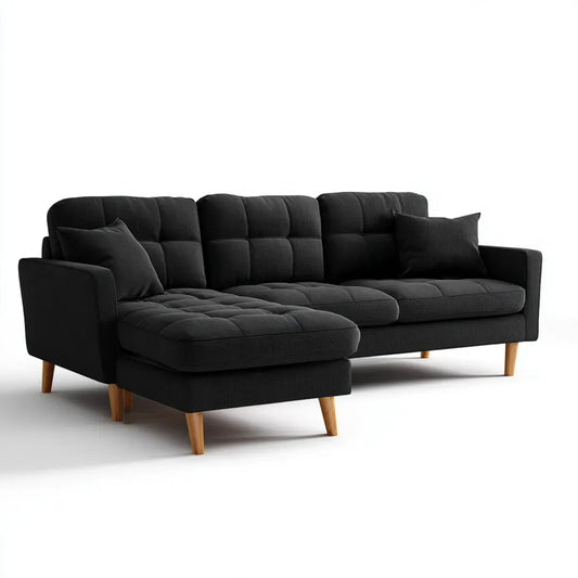 Canapé d'angle fixe 3 places noir en polyester forme L 230 x 150 x 85 cm