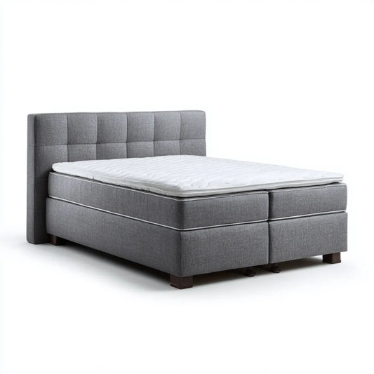 Lit double boxspring gris 160 x 200 cm avec tête de lit capitonnée et matelas en polyester rectangulaire